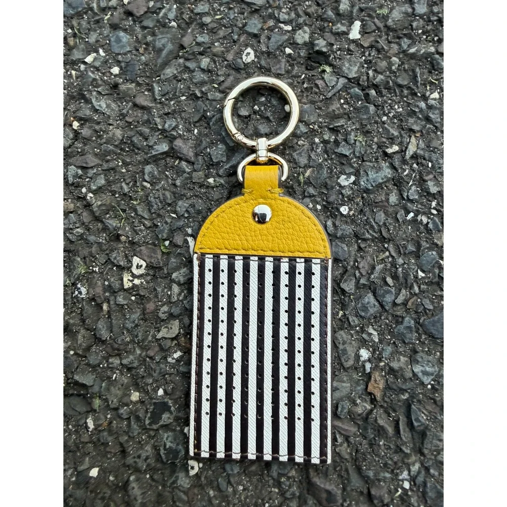 Henri Bendel Yellow Pebbled Leather Perforated Striped Keychain Bag Charm